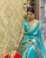Firozi Blue Designer Tissue Silk Saree with Hand Zardozi Work
