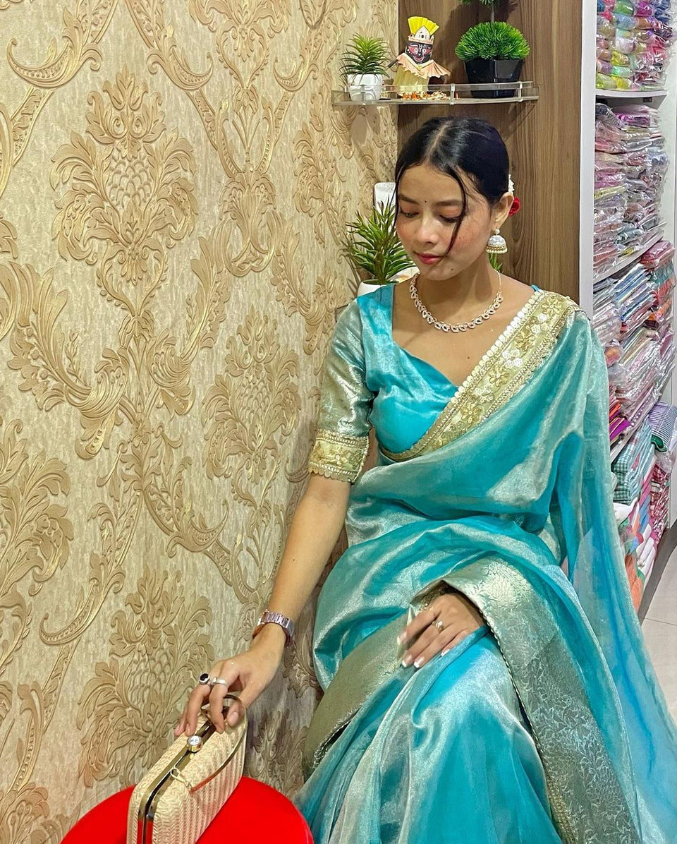 Firozi Blue Designer Tissue Silk Saree with Hand Zardozi Work
