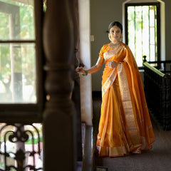 Coral Orange Banarasi Authentic Soft Tissue Silk Saree with Rich Pallu Woven Design