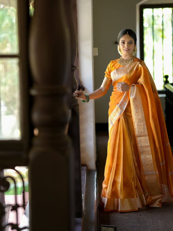 Coral Orange Banarasi Authentic Soft Tissue Silk Saree with Rich Pallu Woven Design