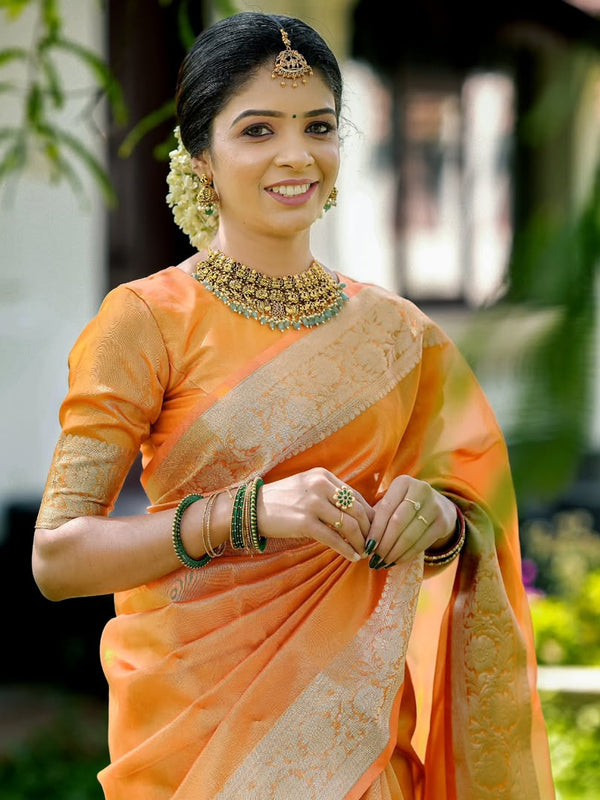 Coral Orange Banarasi Authentic Soft Tissue Silk Saree with Rich Pallu Woven Design