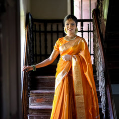 Coral Orange Banarasi Authentic Soft Tissue Silk Saree with Rich Pallu Woven Design