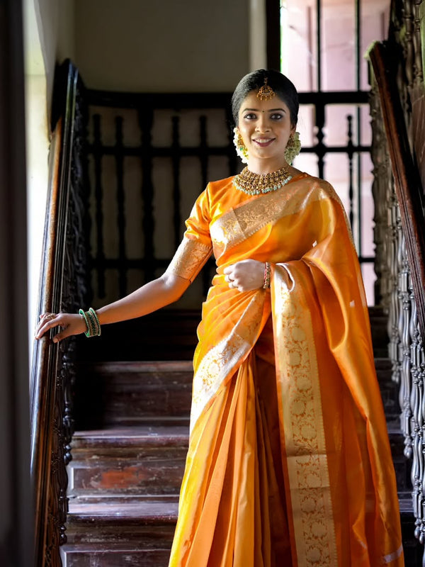 Coral Orange Banarasi Authentic Soft Tissue Silk Saree with Rich Pallu Woven Design
