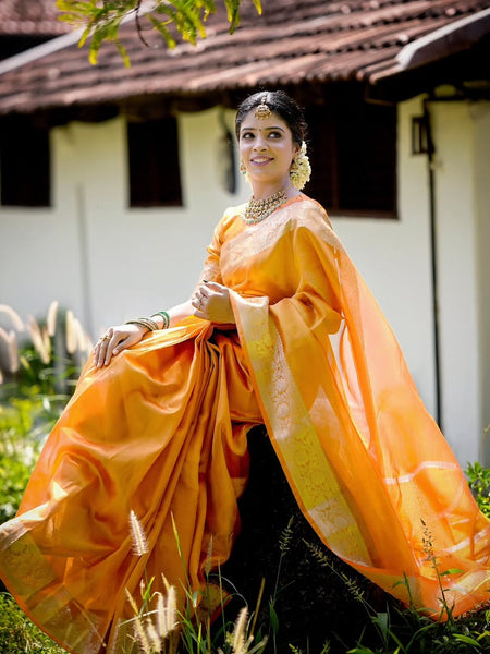 Coral Orange Banarasi Authentic Soft Tissue Silk Saree with Rich Pallu Woven Design