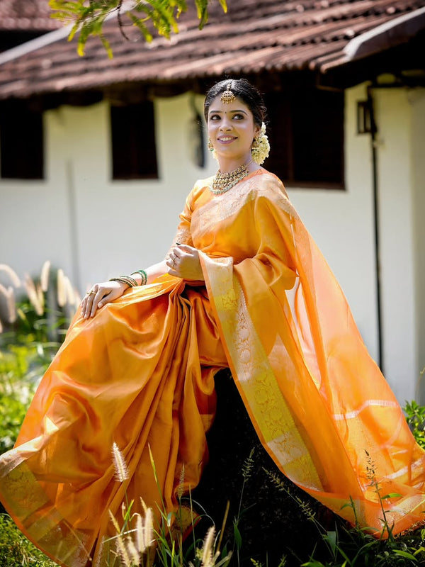 Coral Orange Banarasi Authentic Soft Tissue Silk Saree with Rich Pallu Woven Design