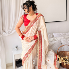 Ivory Royale Ruby Stone Inspired Shimmery Tissue Handwork Saree