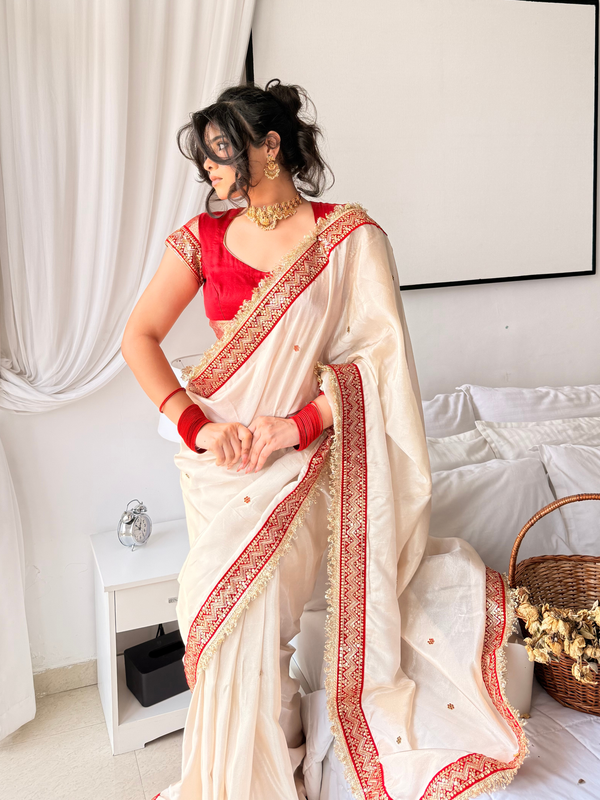 Ivory Royale Ruby Stone Inspired Shimmery Tissue Handwork Saree