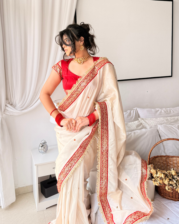 Ivory Royale Ruby Stone Inspired Shimmery Tissue Handwork Saree