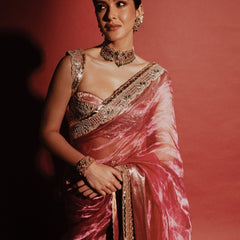 Shanaya Kapoor Inspired Strawberry Pink Soft Tissue Silk Saree with Zardozi Handwork Borders