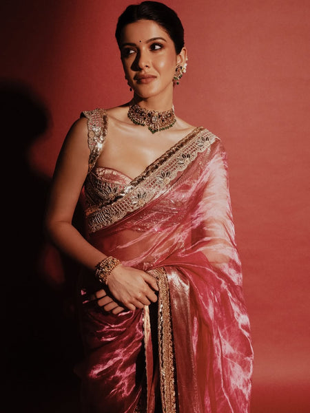 Shanaya Kapoor Inspired Strawberry Pink Soft Tissue Silk Saree with Zardozi Handwork Borders