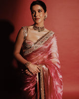 Shanaya Kapoor Inspired Strawberry Pink Soft Tissue Silk Saree | Unstitched Blouse Piece