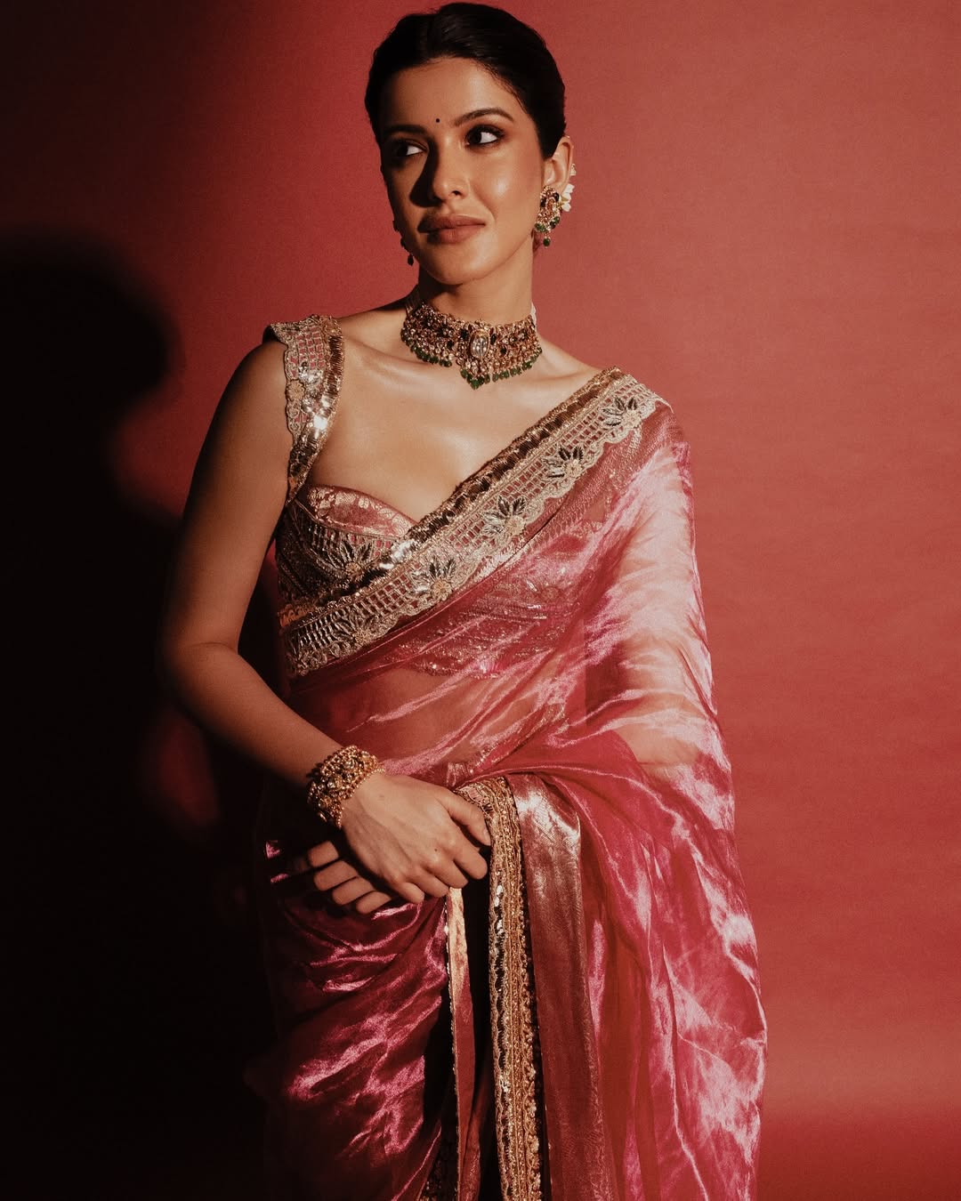 Shanaya Kapoor Inspired Strawberry Pink Soft Tissue Silk Saree | Unstitched Blouse Piece