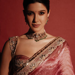 Shanaya Kapoor Inspired Strawberry Pink Soft Tissue Silk Saree with Zardozi Handwork Borders