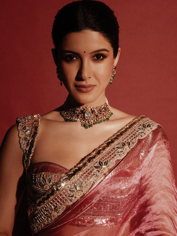 Shanaya Kapoor Inspired Strawberry Pink Soft Tissue Silk Saree with Zardozi Handwork Borders