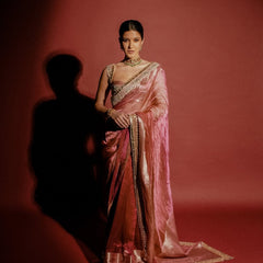 Shanaya Kapoor Inspired Strawberry Pink Soft Tissue Silk Saree with Zardozi Handwork Borders