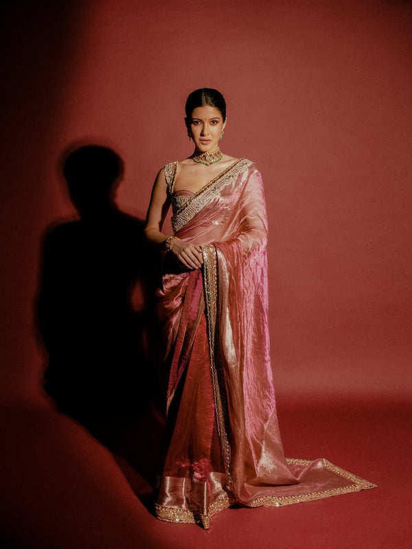Shanaya Kapoor Inspired Strawberry Pink Soft Tissue Silk Saree with Zardozi Handwork Borders