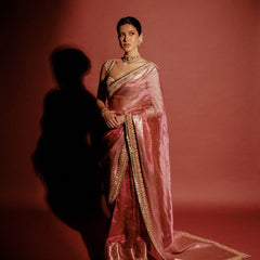 Shanaya Kapoor Inspired Strawberry Pink Soft Tissue Silk Saree with Zardozi Handwork Borders