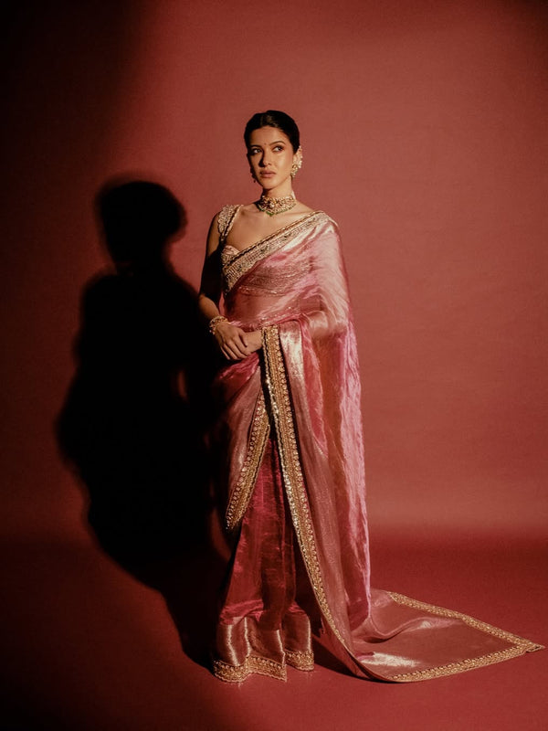 Shanaya Kapoor Inspired Strawberry Pink Soft Tissue Silk Saree with Zardozi Handwork Borders