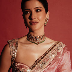 Shanaya Kapoor Inspired Strawberry Pink Soft Tissue Silk Saree with Zardozi Handwork Borders