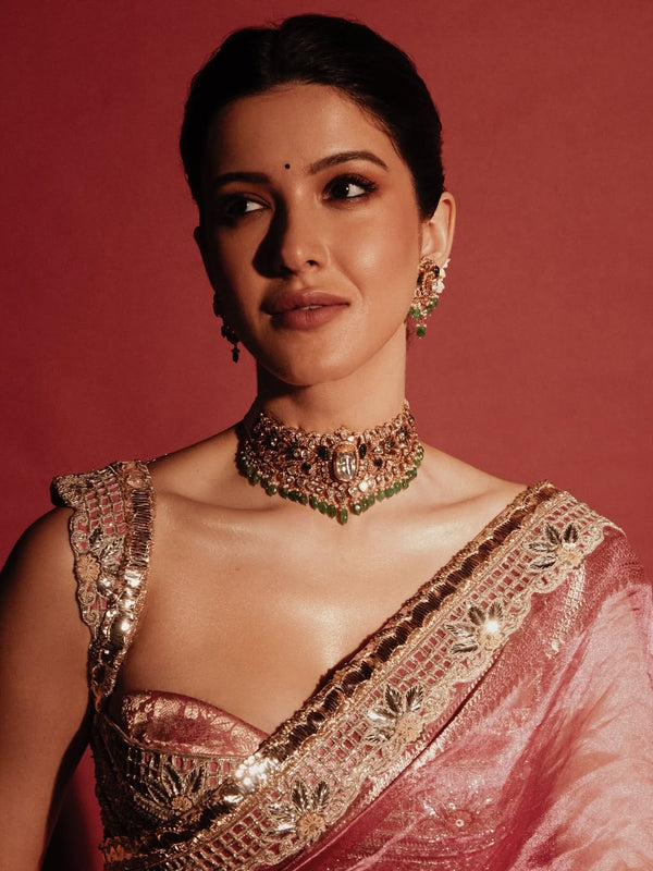Shanaya Kapoor Inspired Strawberry Pink Soft Tissue Silk Saree with Zardozi Handwork Borders